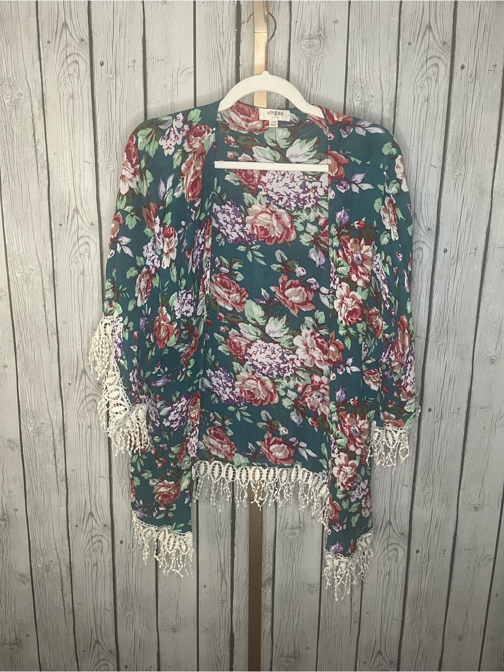 Umgee Floral Boho Fringe Kimono Cardigan Teal Green festival shabby chic S/M